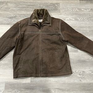Men’s Vintage Leather Removable Liner with Faux Fur Collar Brown Coat, SZ 3XLT.